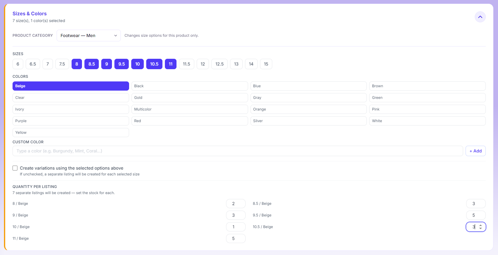 The Zetlis Sizes & Colors panel on the loafers with "Create variations using the selected options above" left unchecked: 7 sizes and 1 colour selected, and the panel reading "7 separate listings will be created — set the stock for each."