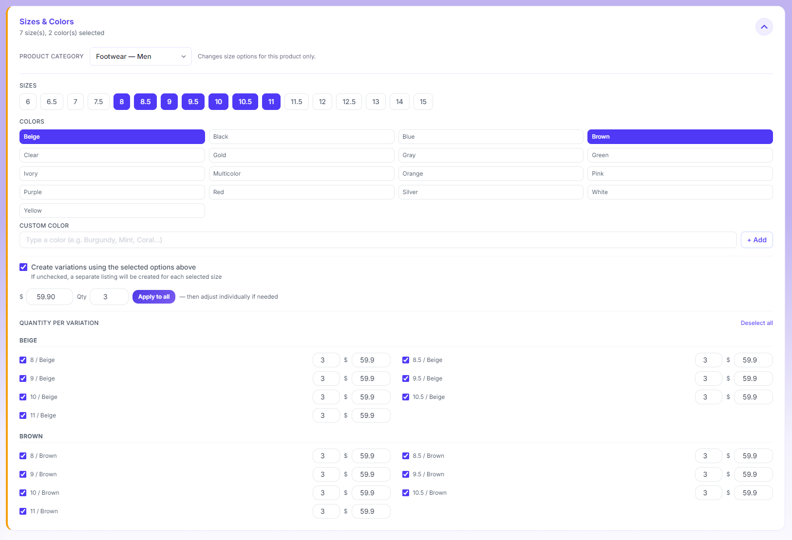The same panel with "Create variations using the selected options above" checked: 7 sizes and 2 colours selected, a price and quantity applied to every combination with Apply to all, and each size/colour combination listed with its own editable quantity and price.