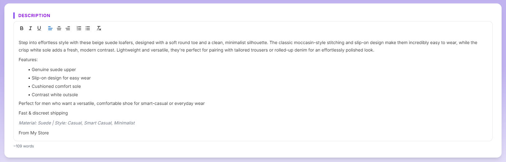 A Zetlis-generated eBay description for the loafers under the General Seller Profile: a plain, straightforward description ending "From My Store," with no particular tone applied.