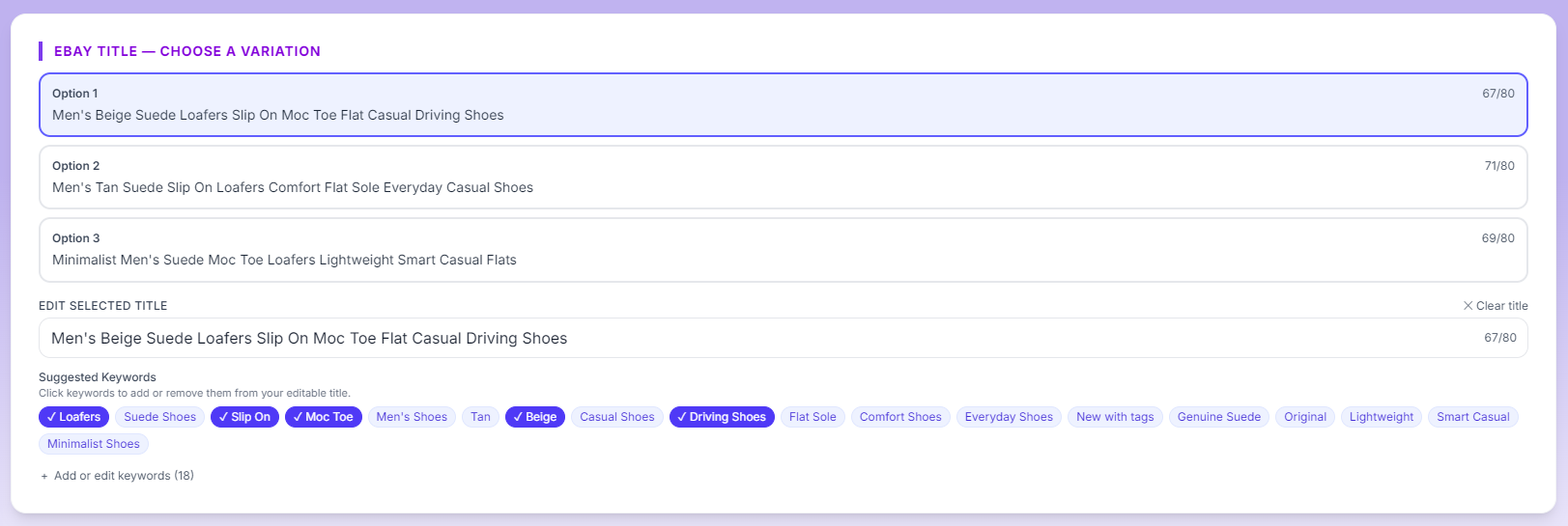 The same title step under the Casual & Friendly Seller Profile: "Men's Beige Suede Loafers Slip On Moc Toe Flat Casual Driving Shoes" selected at 67 of 80 characters, with Loafers, Slip On, Moc Toe, Beige and Driving Shoes active among the suggested keyword chips.