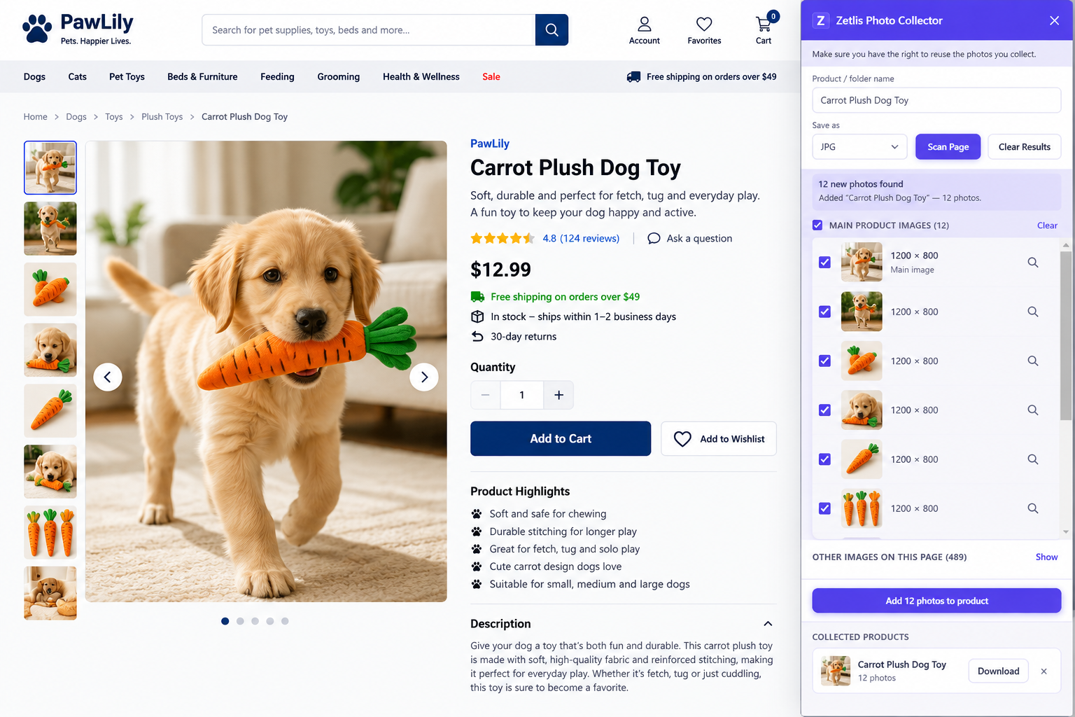 Una página de producto de un juguete de peluche con forma de zanahoria para perros en una tienda de mascotas, junto al panel de Zetlis Photo Collector abierto a la derecha. El panel indica 12 fotos nuevas encontradas y añadidas al producto "Carrot Plush Dog Toy", cada una seleccionada con su resolución indicada, un campo de nombre de producto/carpeta editable, un botón "Add 12 photos to product" y una lista de Productos recopilados con un botón Download junto a la carpeta terminada.