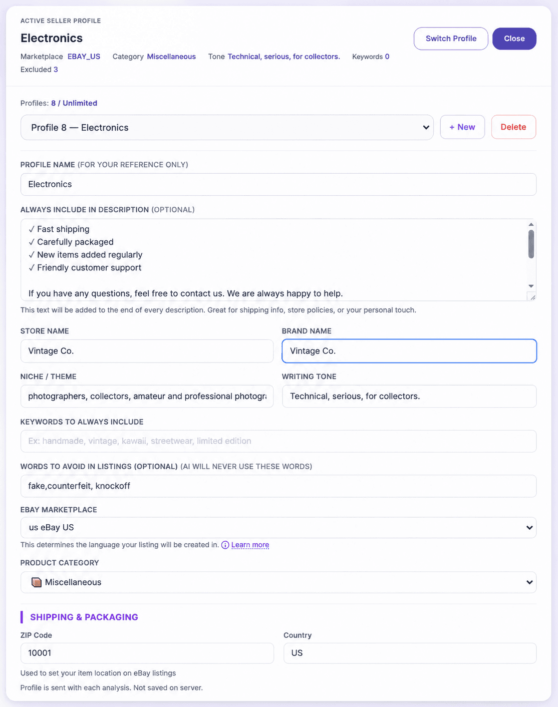 A Zetlis Seller Profile settings screen named Electronics, with fields for profile name, store name and brand name (Vintage Co.), niche or theme, writing tone, keywords to always include, words to avoid in listings, eBay marketplace, and product category.