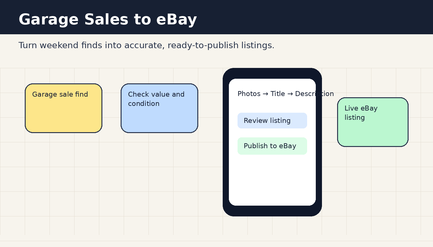 Rivenditore che prepara un'inserzione eBay dal telefono a un mercatino