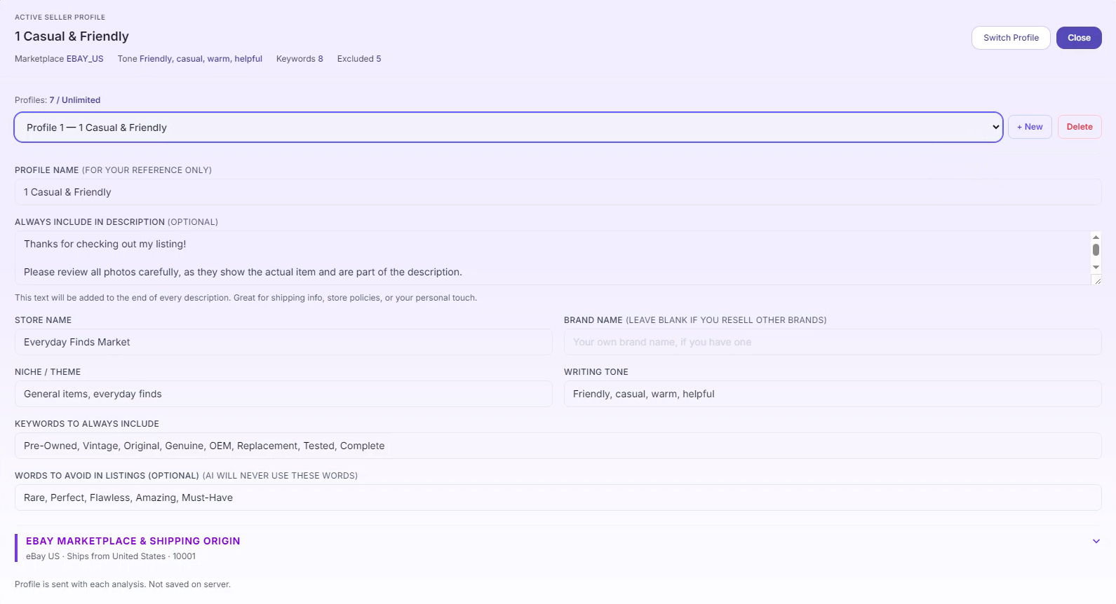 A Zetlis Seller Profile settings screen for a profile named "1 Casual & Friendly," with fields for store name (Everyday Finds Market), niche or theme, writing tone, keywords to always include, words to avoid in listings, and eBay marketplace and shipping origin.