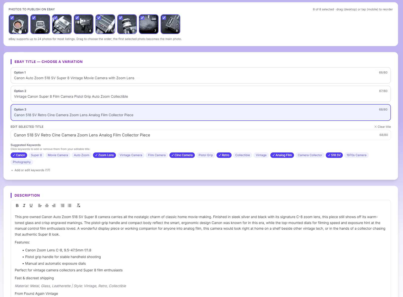 Zetlis eBay listing editor for the same Canon Auto Zoom 518 SV camera using a vintage, collector-oriented Seller Profile: the selected title reads "Canon 518 SV Retro Cine Camera Zoom Lens Analog Film Collector Piece," emphasizing retro, analog and collector appeal.