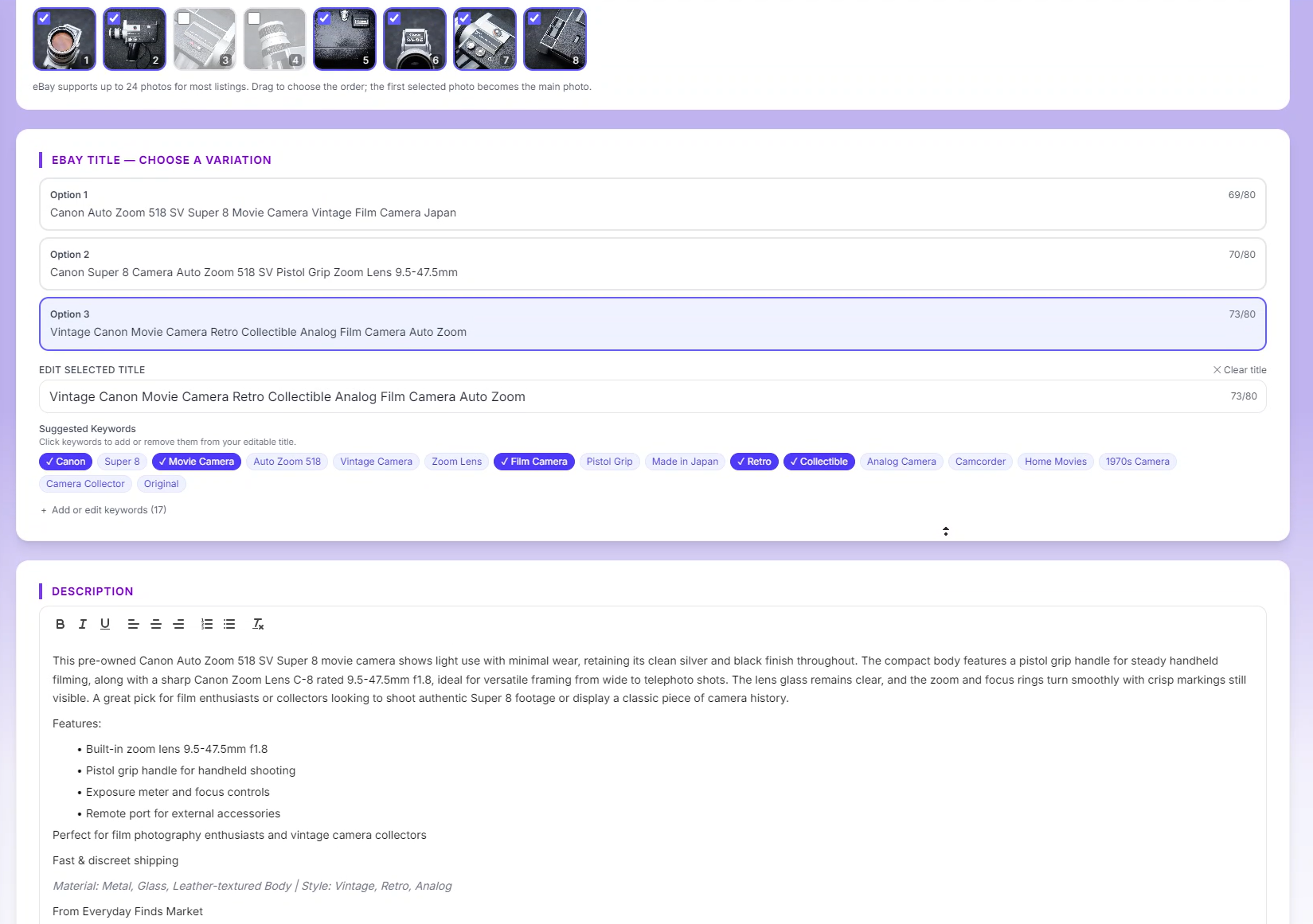 Zetlis eBay listing editor for the same Canon Auto Zoom 518 SV camera using a technical, professional Seller Profile: the description leads with the Canon Zoom Lens C-8, 9.5–47.5mm f/1.8, exposure meter, focus controls, and remote port.