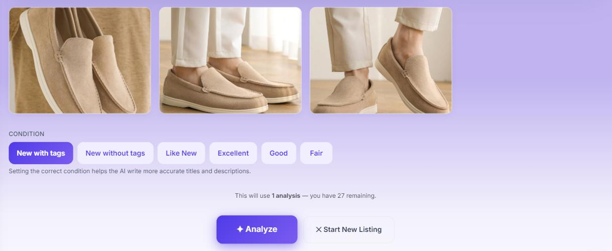 The Zetlis pre-analysis screen for the loafers: the three uploaded photos, a condition selector with New with tags chosen, the line "This will use 1 analysis — you have 27 remaining", and the Analyze button.