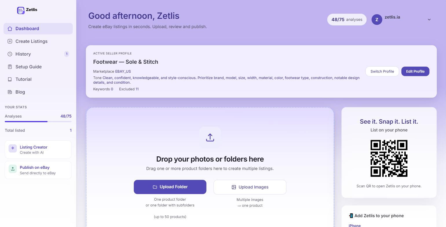 The Zetlis Dashboard upload area, with an Upload Folder button labelled "one product folder or one folder with subfolders, up to 50 products" beside an Upload Images button labelled "multiple images — one product".
