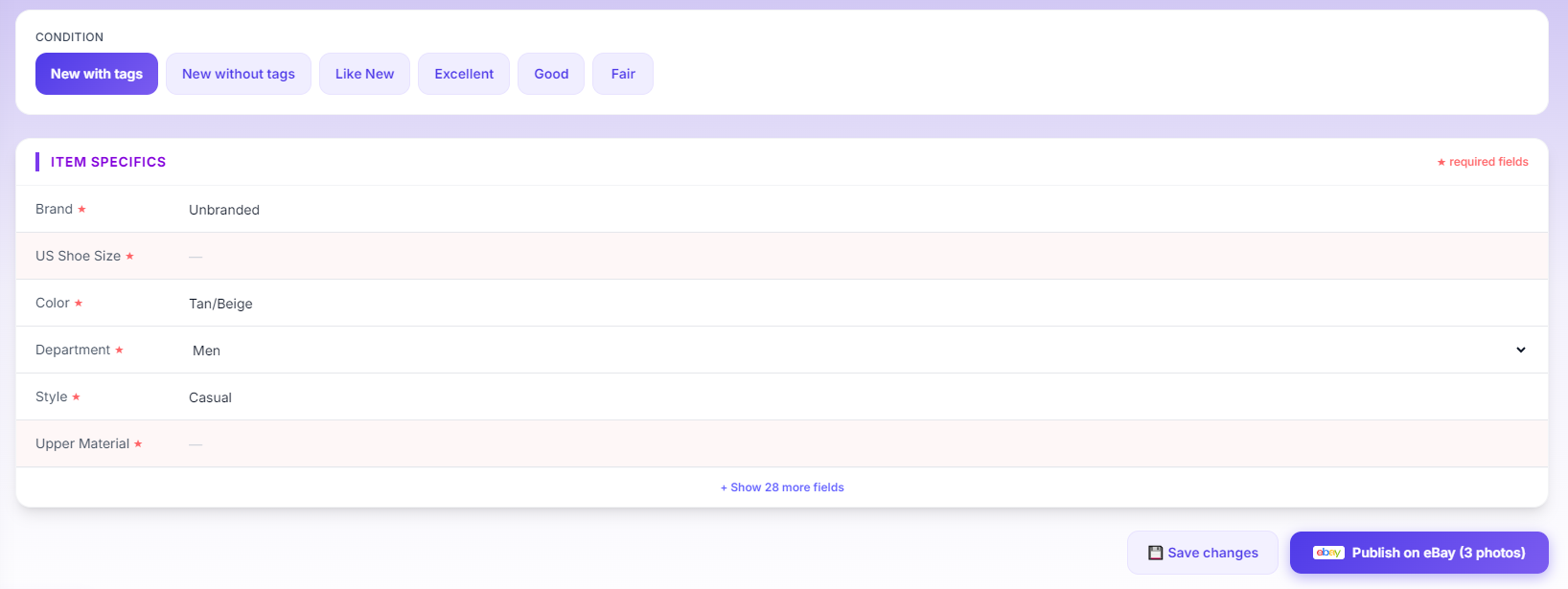 The bottom of the same loafers listing: the condition selector, the item specifics eBay asks for in the Dress Shoes category (Brand, US Shoe Size, Color, Department, Style, Upper Material) with 28 more fields available, and the Save changes and Publish on eBay buttons.