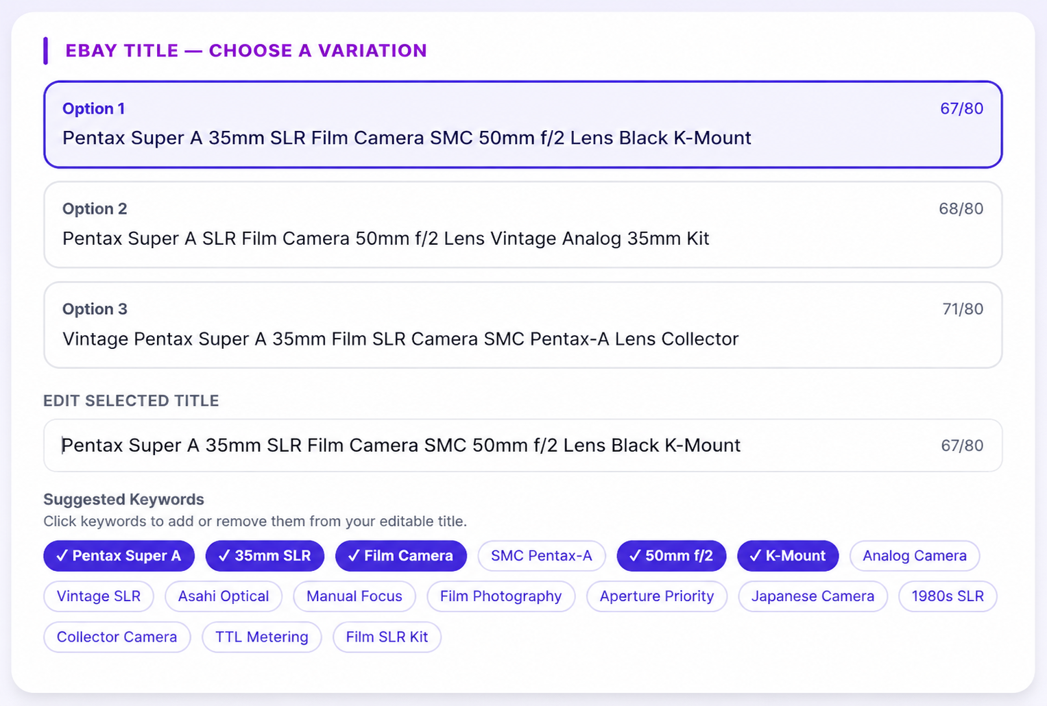 O Zetlis mostrando três opções de título de eBay completas para a câmera, cada uma com contagem de caracteres em 80, um título selecionado editável e chips de palavras-chave clicáveis