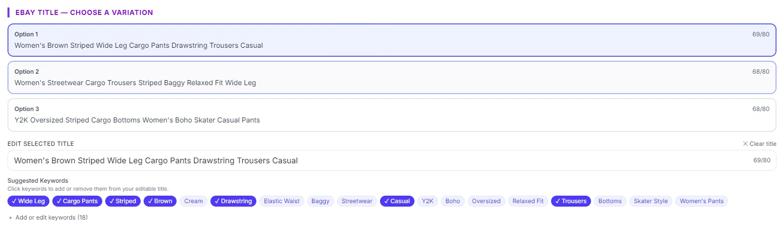 The Zetlis title step with Option 1 selected: "Women's Brown Striped Wide Leg Cargo Pants Drawstring Trousers Casual" at 69 of 80 characters in the editable field, with Wide Leg, Cargo Pants, Striped, Brown, Drawstring, Casual and Trousers active among the suggested keyword chips.